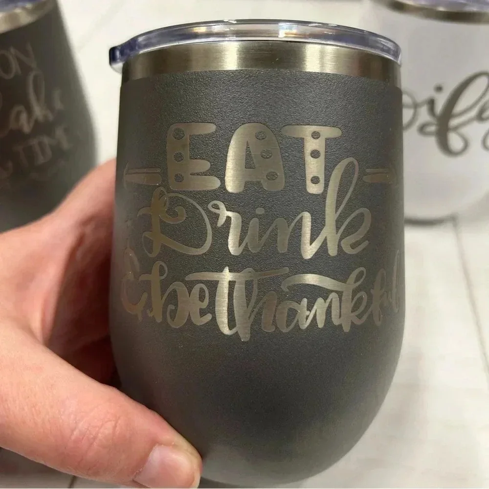NWOT (LOT‎ of 3) Engraved 12 oz Wine Tumblers White Gray